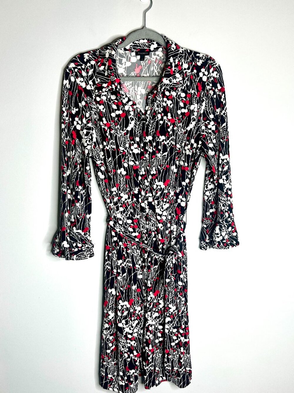 Talbots Red Floral Button-Up Liquid Knit Shift Dress Tie Waist Bell Sleeves L